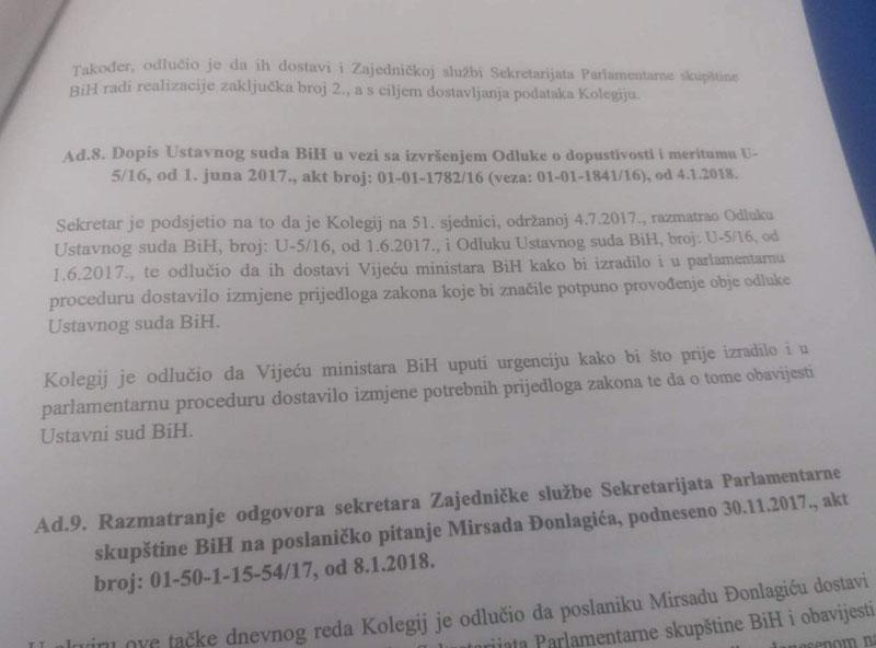 Faksimil odluke Kolegija Predstavničkog doma: Od Vijeća ministara tražiti hitnu dostavu zakona - Avaz