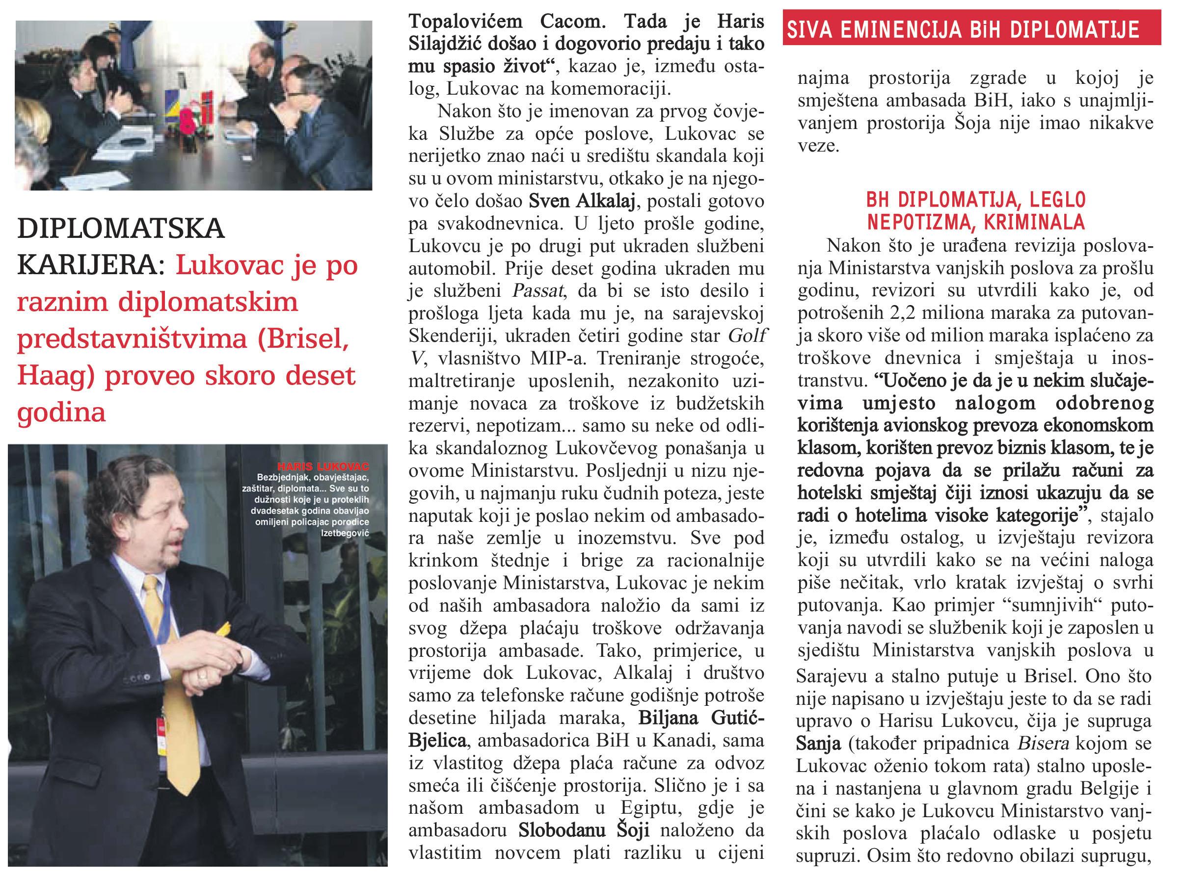 Faksimil nastavka teksta SB-a iz 2010. u kojem su opisivani skandali u čijem središtu se često nalazio Bakirov ambasador Haris Lukovac - Avaz