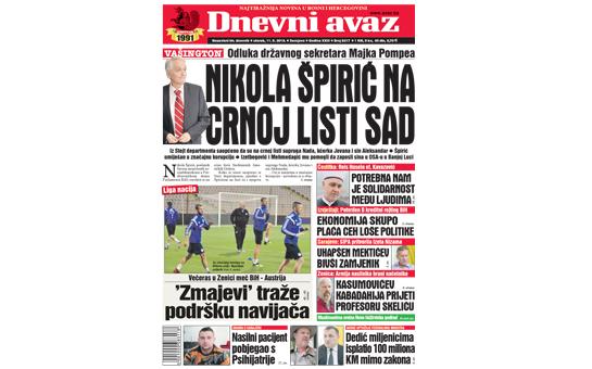 Danas u "Dnevnom avazu" čitajte: Nikola Špirić na crnoj listi SAD