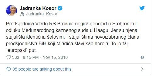 Kosor na Twitteru: Njena stajališta identična šefovim - Avaz