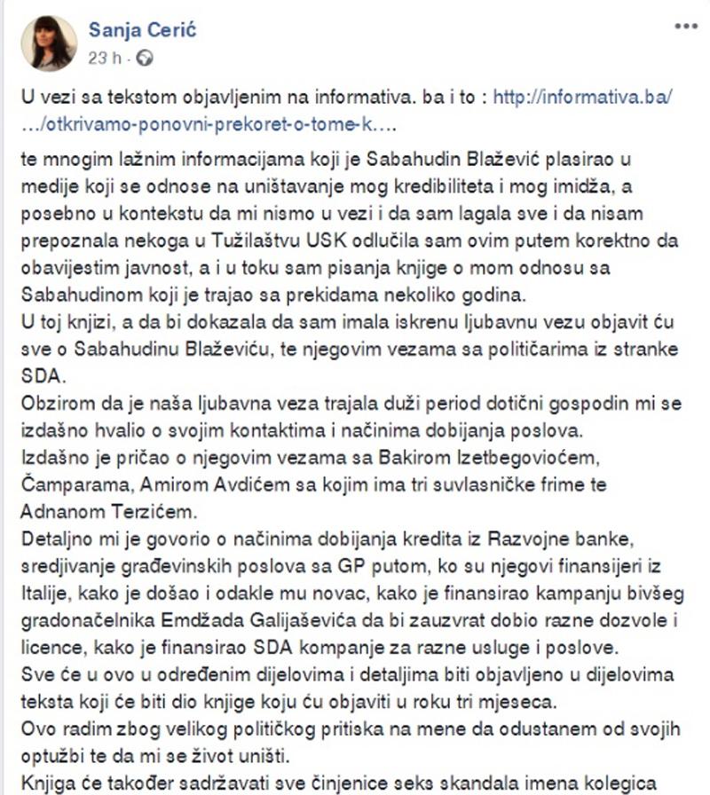 Faksimil internetske stranice Sanje Cerić: Tvrdi da je žrtva političkog pritiska - Avaz