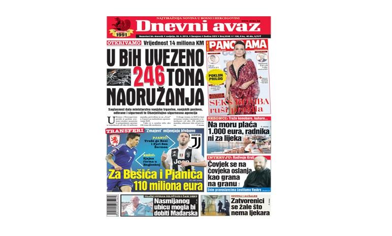 Danas u "Dnevnom avazu" čitajte: U BiH uvezeno 246 tona oružja i municije vrijedne 14 miliona maraka