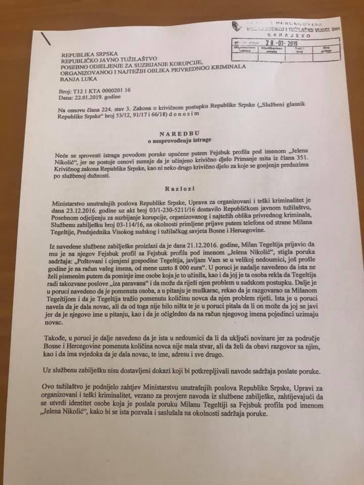 Neredba o nesprovodjenju istrage koju je donijelo Republicko tužilastvo RS 22.januara 2019 godine - Avaz