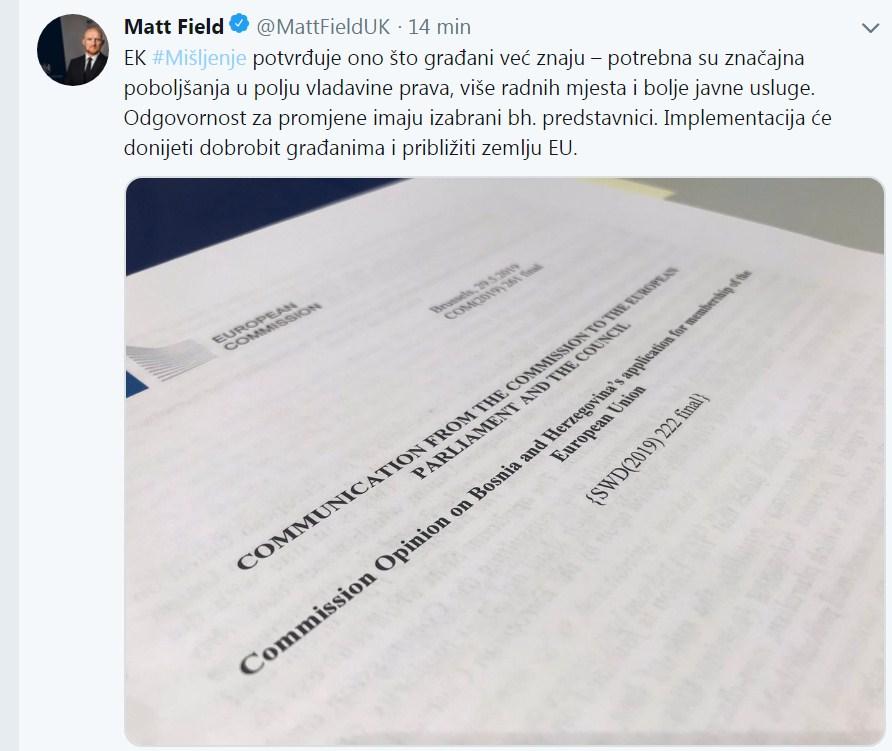 Faksimil objave ambasadora Filda na Twitteru - Avaz