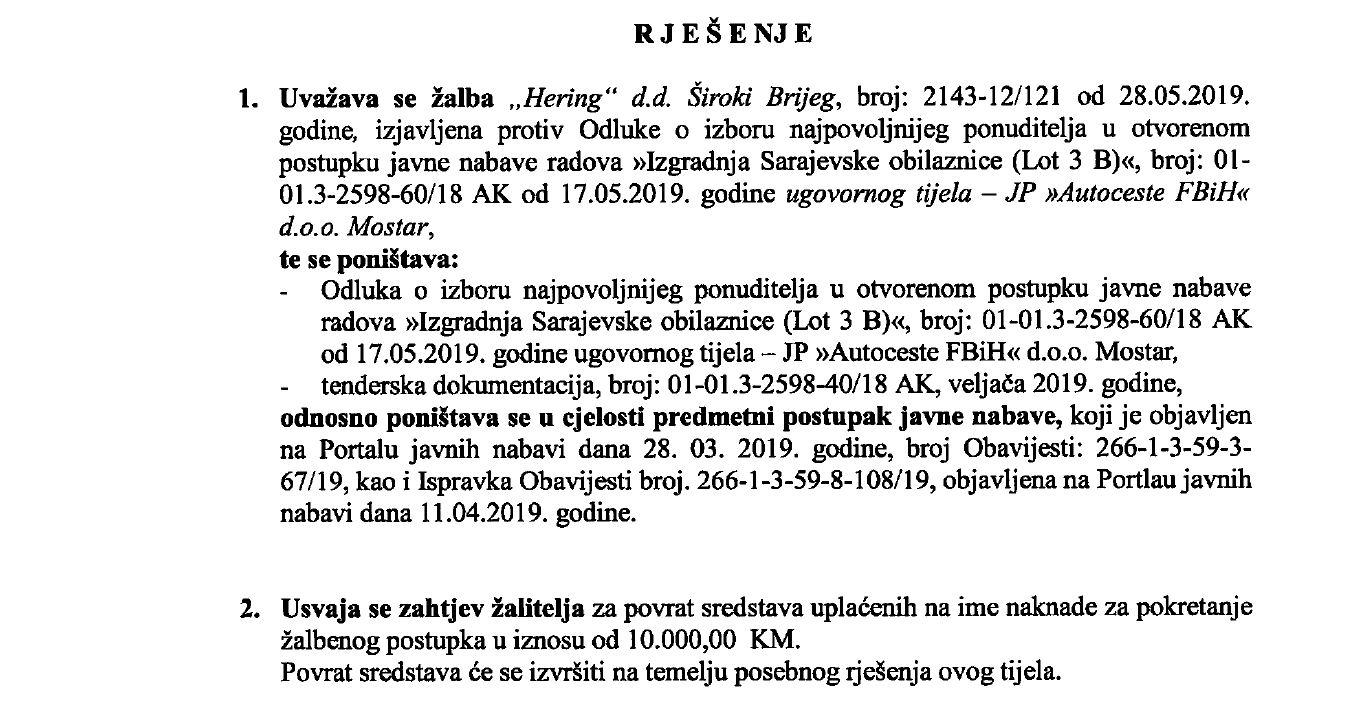 Faksimil rješenja Ureda za razmatranje žalbi - Avaz