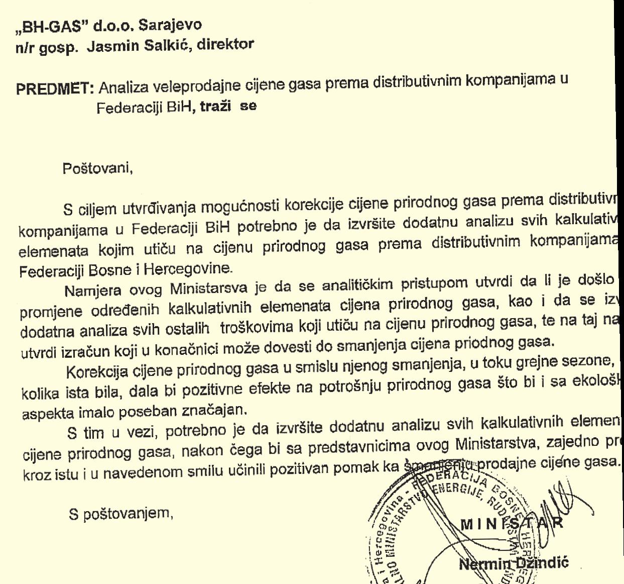 Faksimil dopisa Džindića prema "BH-Gasu" - Avaz