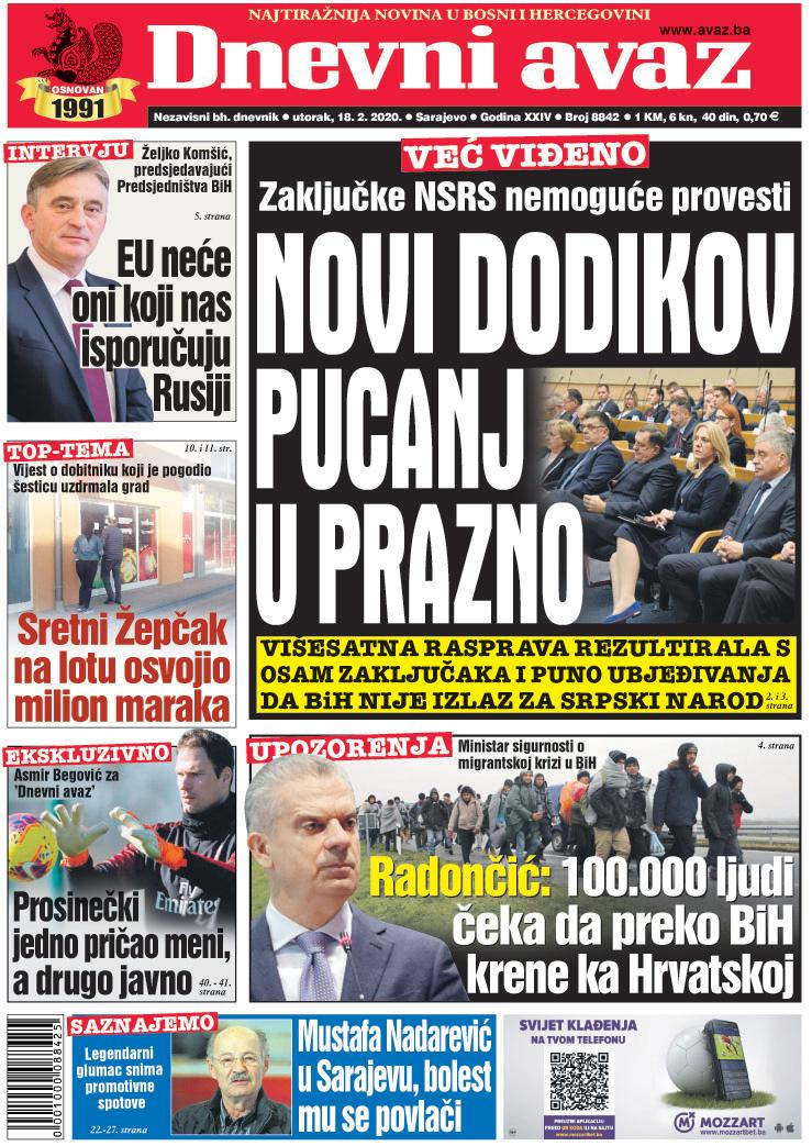 Naslovnica "Dnevnog avaza" za 18.02.2020. - Avaz