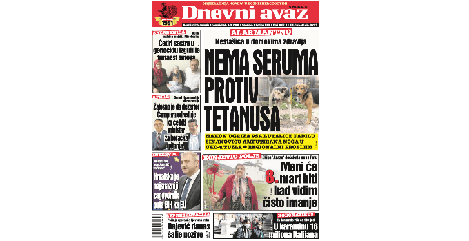 Danas u "Dnevnom avazu" čitajte: Nema seruma protiv tetanusa