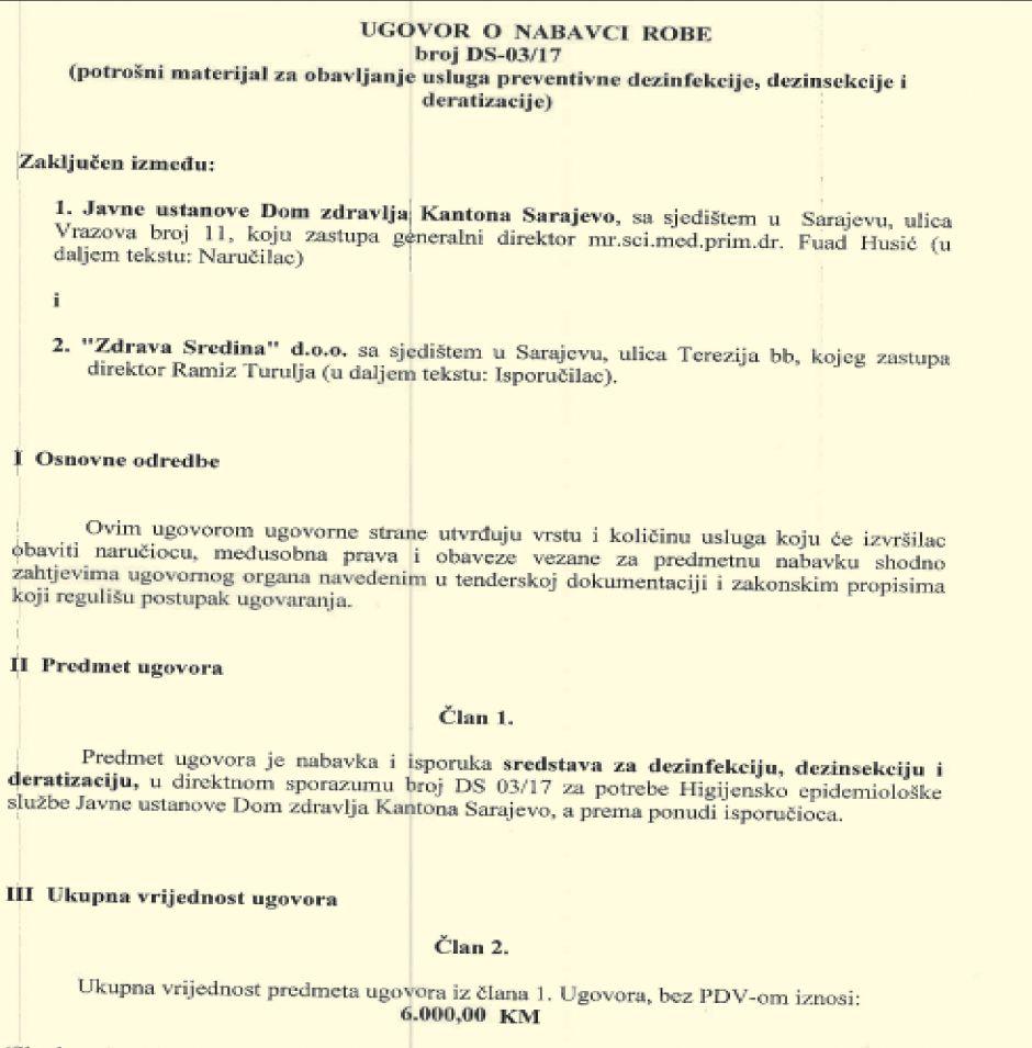 Faksimil ugovora Doma zdravlja KS s firmom ''Zdrava sredina'', koju zastupa Ramiz Turulja - Avaz