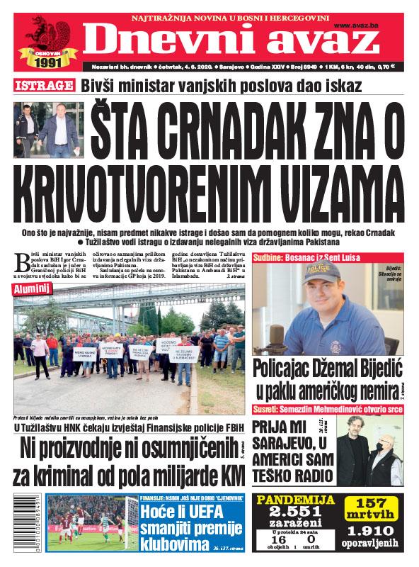 Naslovna strana printanog izdanja "Dnevnog avaza" za 04.06.2020. - Avaz