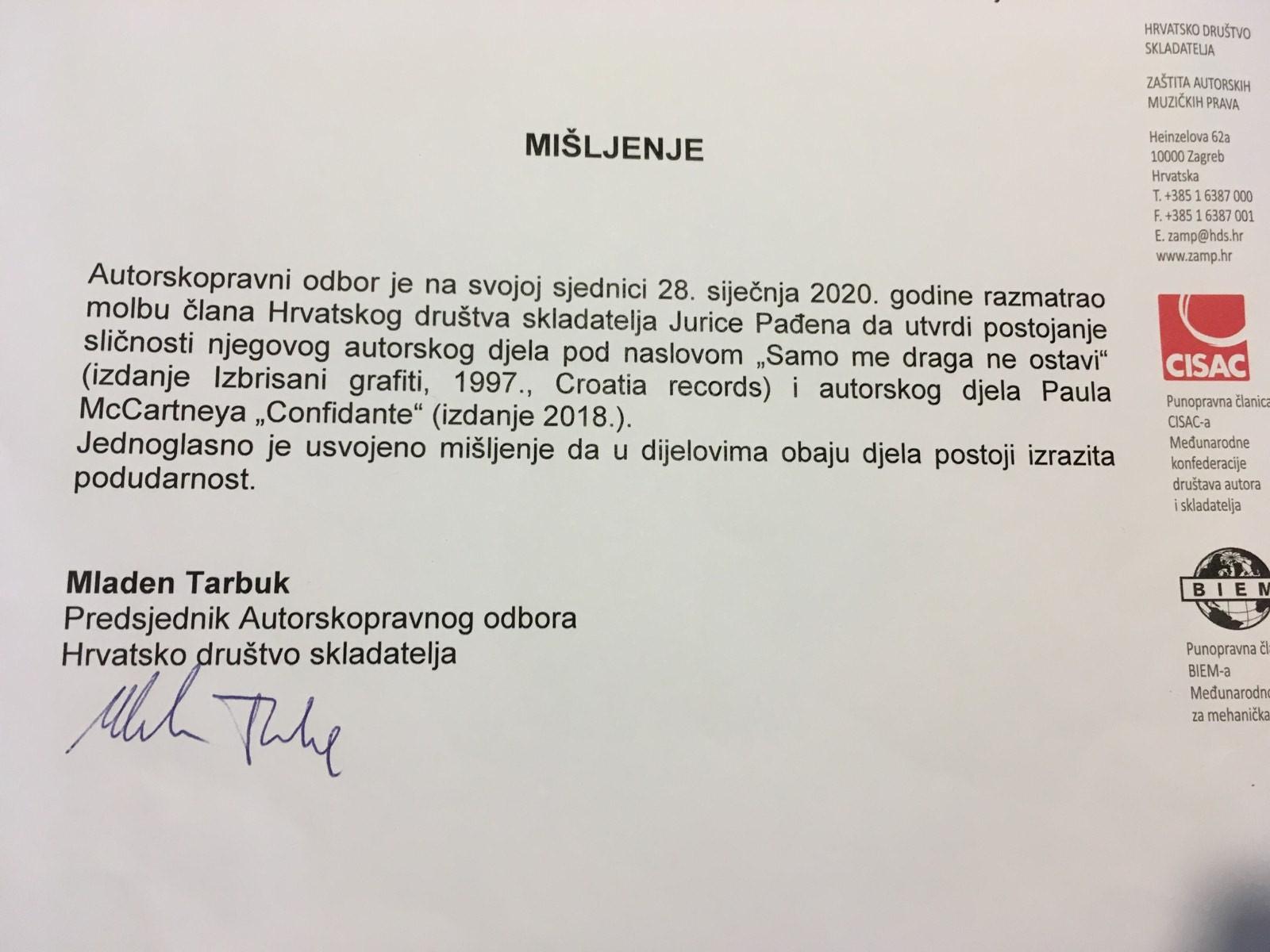 Faksimil mišljenja Hrvatskog društva skladatelja - Avaz