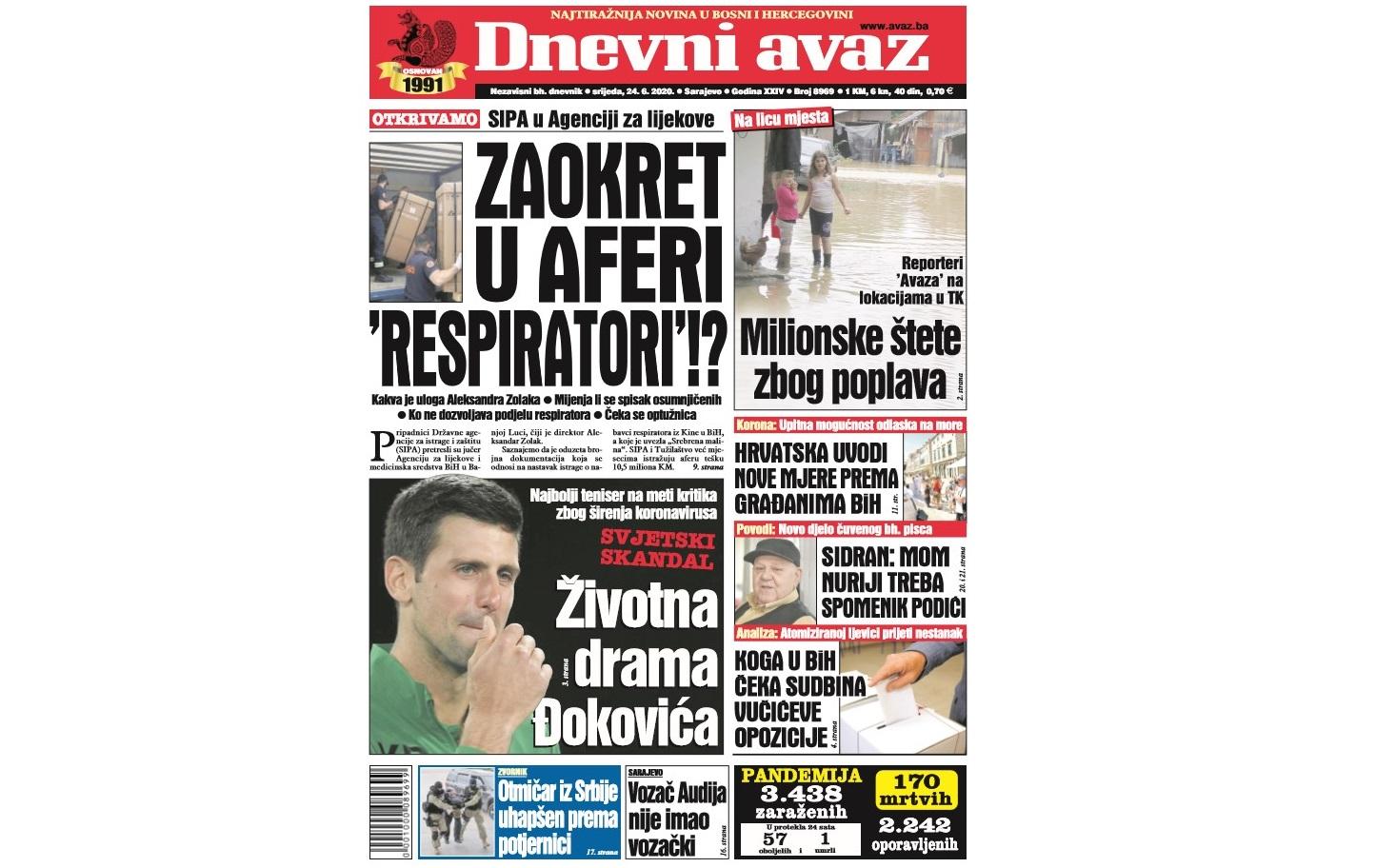 Danas u "Dnevnom avazu" čitajte: Zaokret u aferi "Respiratori"!?