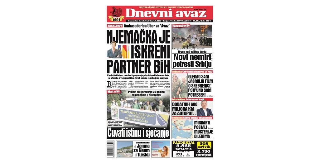 Danas u "Dnevnom avazu" čitajte: Njemačka je iskreni partner BiH