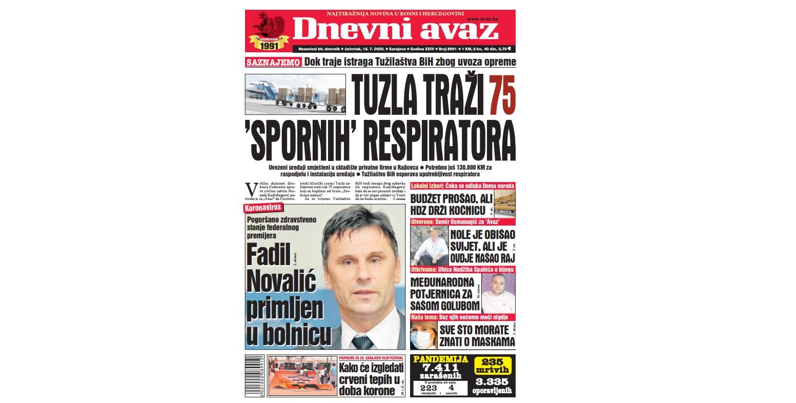 Danas u "Dnevnom avazu" čitajte: Tuzla traži 75 "spornih" respiratora