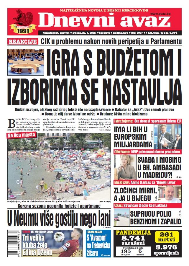 Današnja naslovna strana "Dnevnog avaza" - Avaz