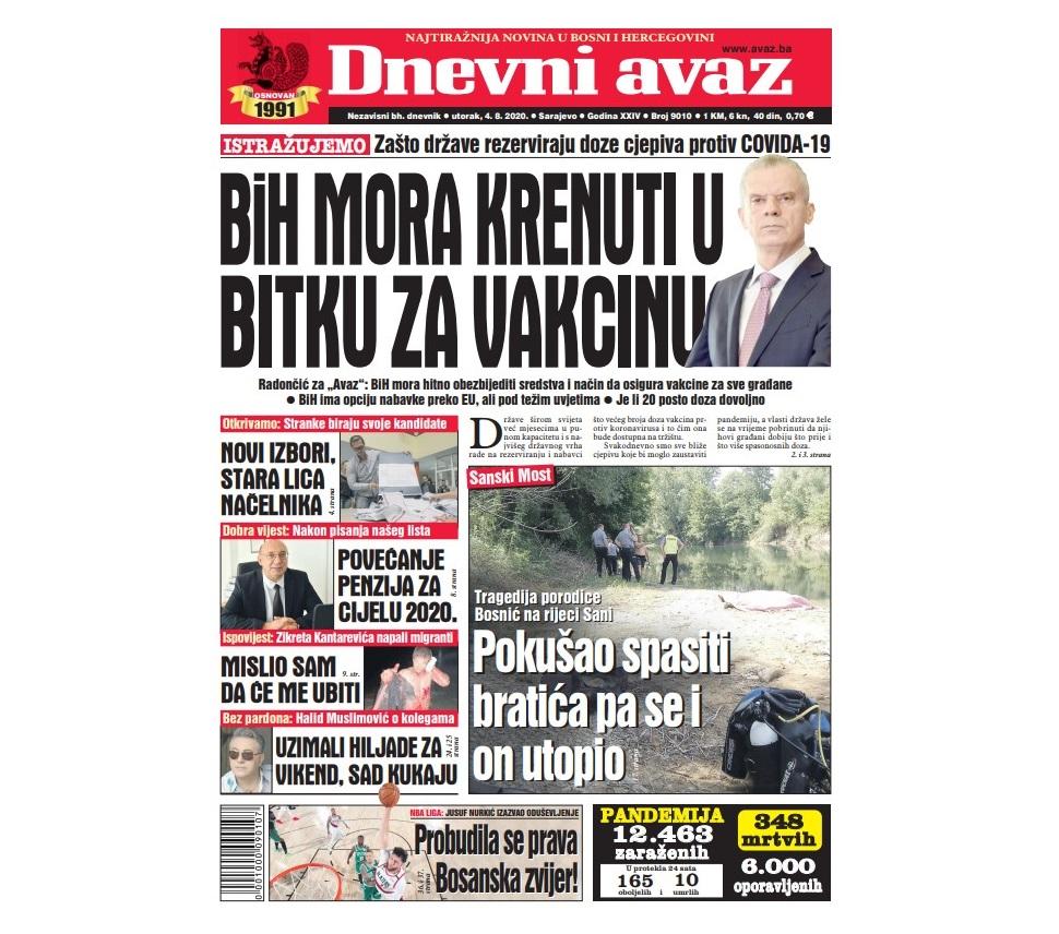 Danas u "Dnevnom avazu" čitajte: BiH mora krenuti u bitku za vakcinu