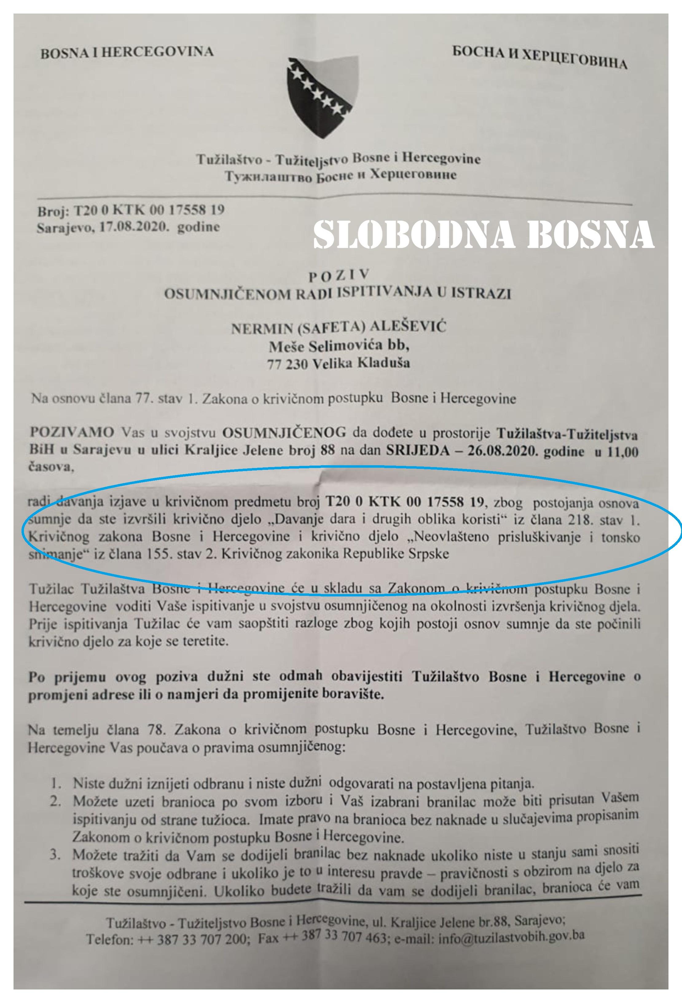 U faksimilu poziva za ispitivanje Aleševića jasno stoji da je pozvan zbog neovlaštenog prisluškivanja i snimanja - Avaz