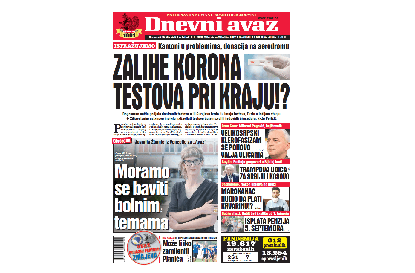 Danas u "Dnevnom avazu" čitajte: Zalihe korona testova pri kraju?