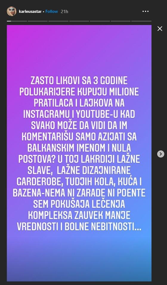 Objava od Karleuša ne Instagramu - Avaz