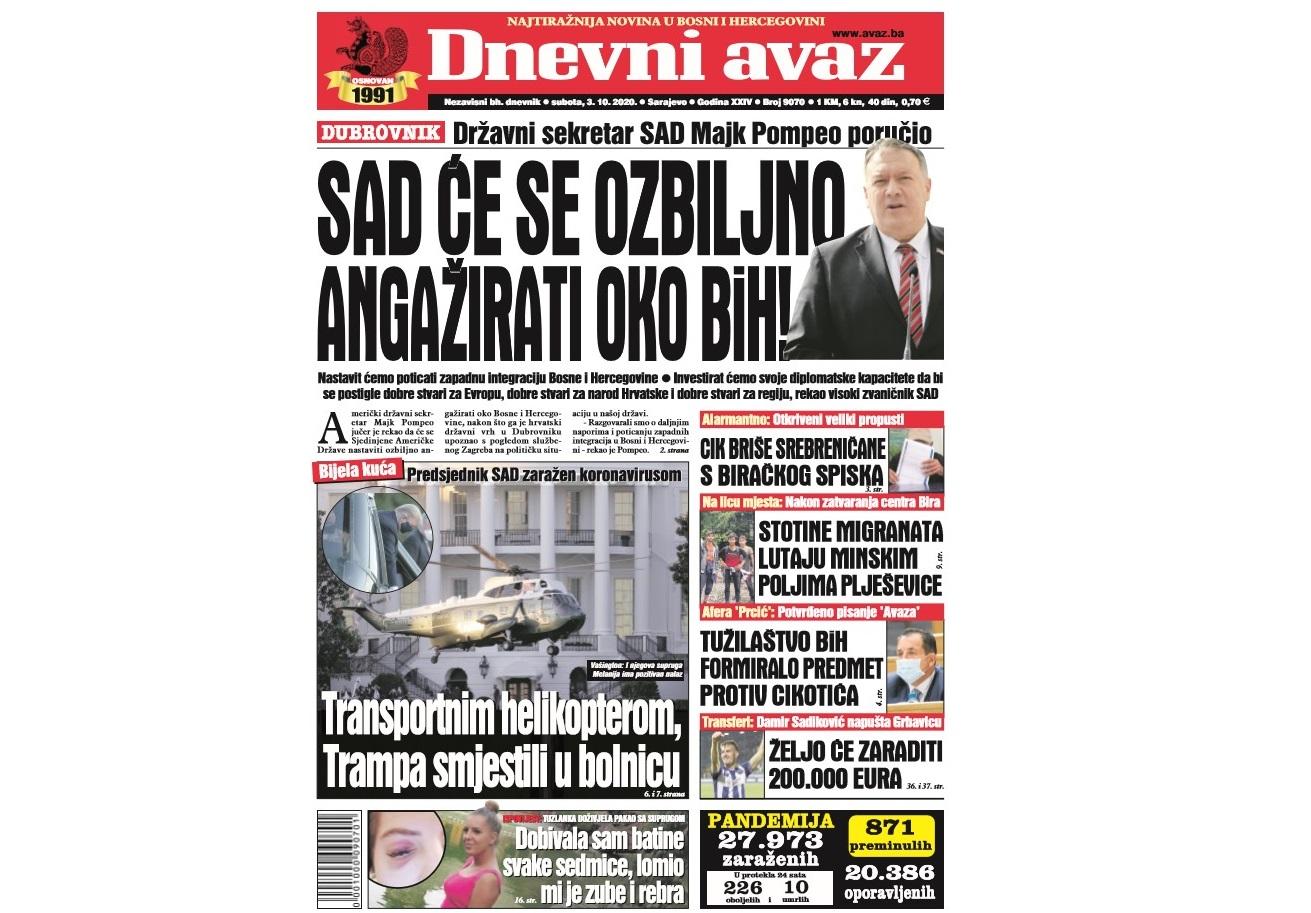 Danas u "Dnevnom avazu" čitajte: SAD će se ozbiljno angažirati oko BiH!