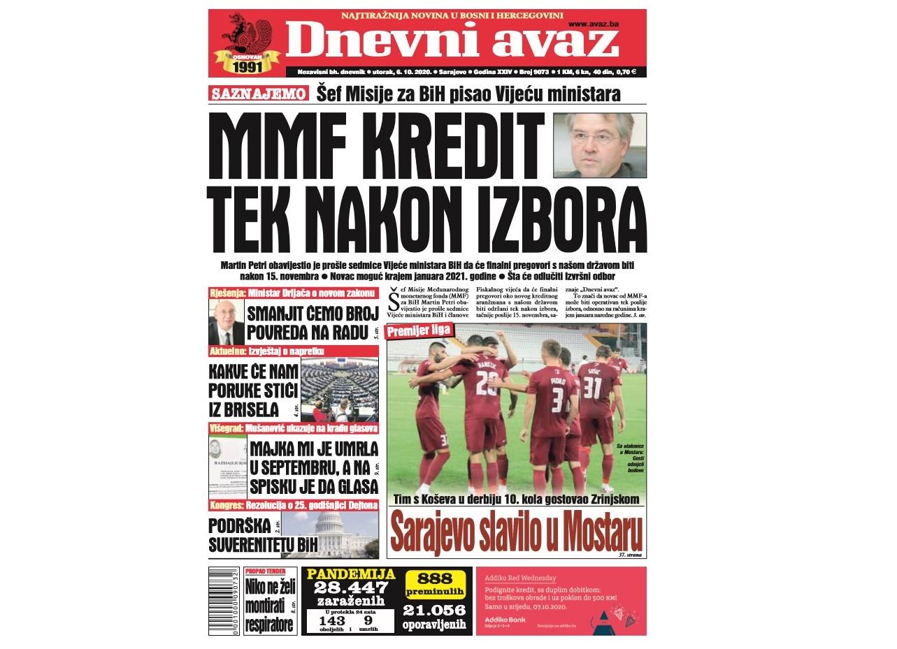 Danas u "Dnevnom avazu" čitajte: MMF kredit tek nakon izbora