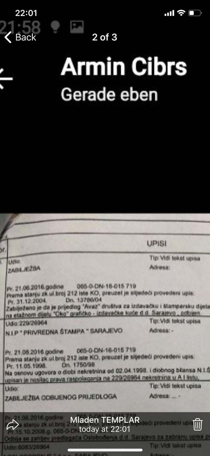 Screenshot poruke pristigle na mobilni telefon Fahrudina Radončića: Mladen TEMPLAR nenamjerno otkriva identitet Armina Cibre - Avaz