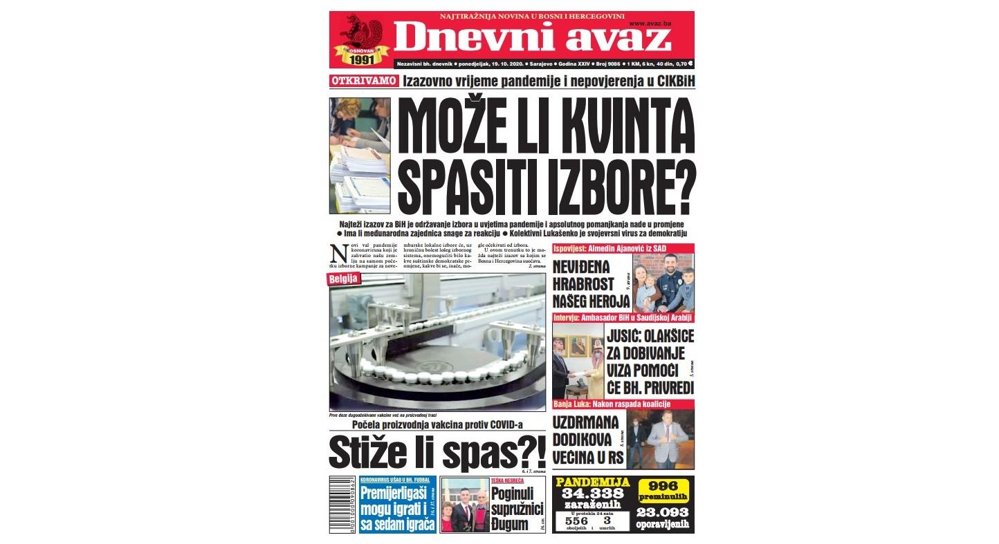 Danas u "Dnevnom avazu" čitajte: Može li Kvinta spasiti izbore?