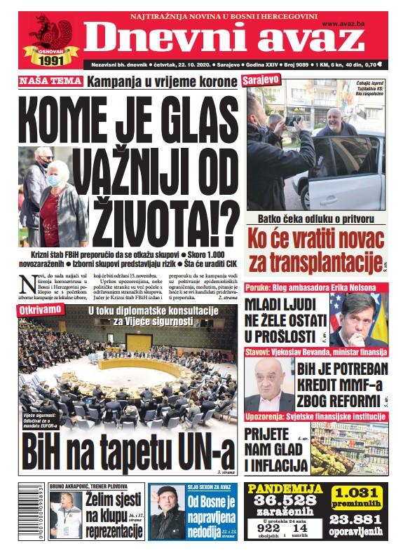 Današnja naslovna strana "Dnevnog avaza" - Avaz