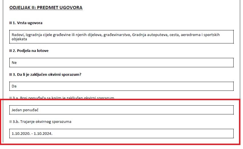 Faksimil obavještenja o dodjeli ugovora: Okvirni sporazum za izgradnju dionice samo do ulice Braće Begić traje do 1. 10. 2024. - Avaz