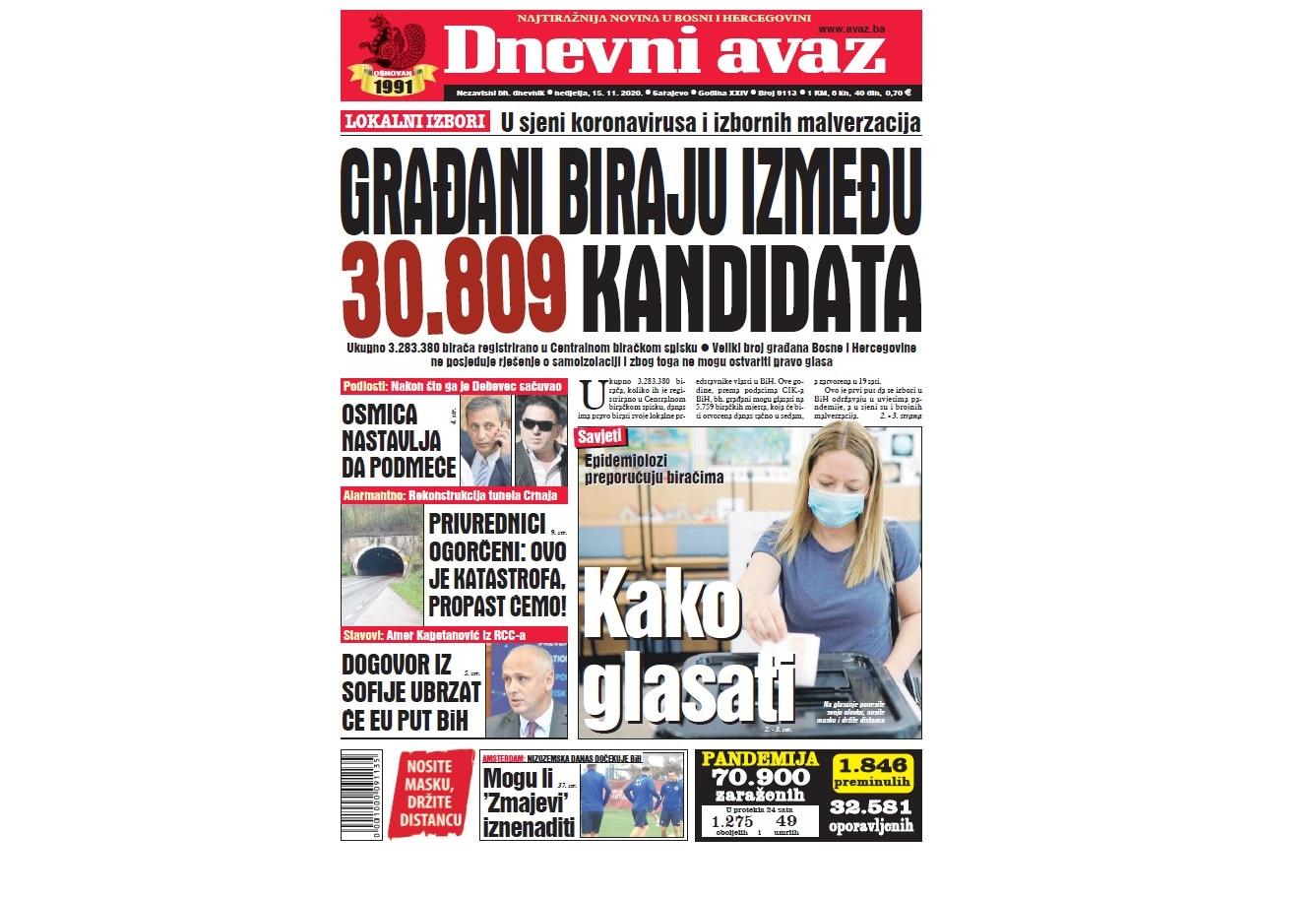 Danas u "Dnevnom avazu" čitajte: Građani biraju između 30.809 kandidata