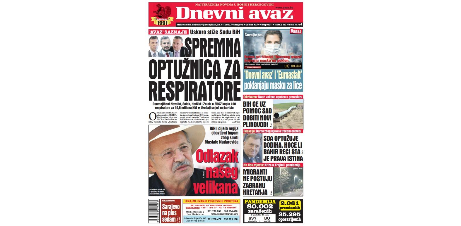 Danas u "Dnevnom avazu" čitajte: Spremna optužnica za respiratore