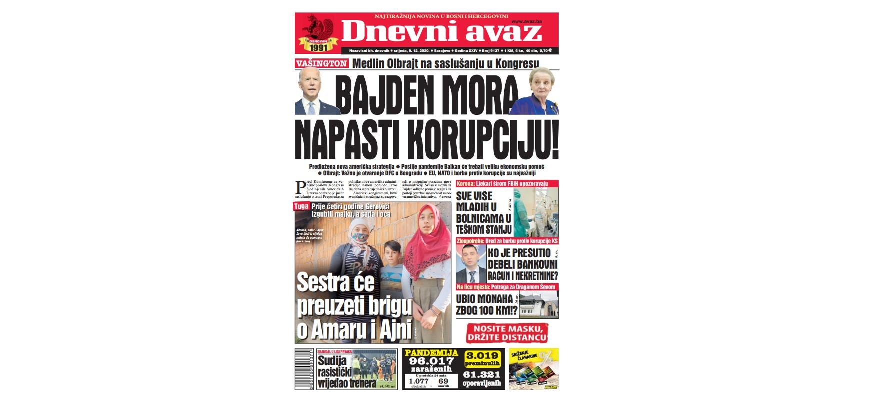 Danas u "Dnevnom avazu" čitajte: Bajden mora napasti korupciju!