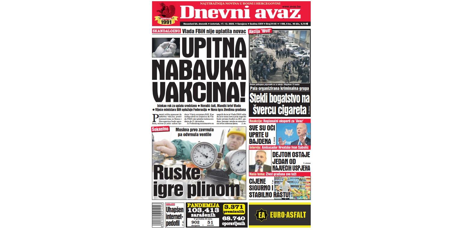 Danas u "Dnevnom avazu" čitajte: Upitna nabavka vakcina!