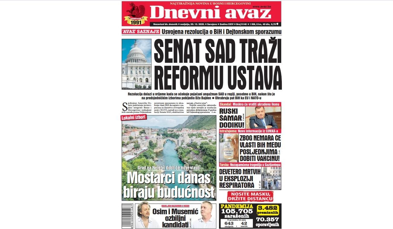 Danas u "Dnevnom avazu" čitajte: Senat SAD traži reformu Ustava