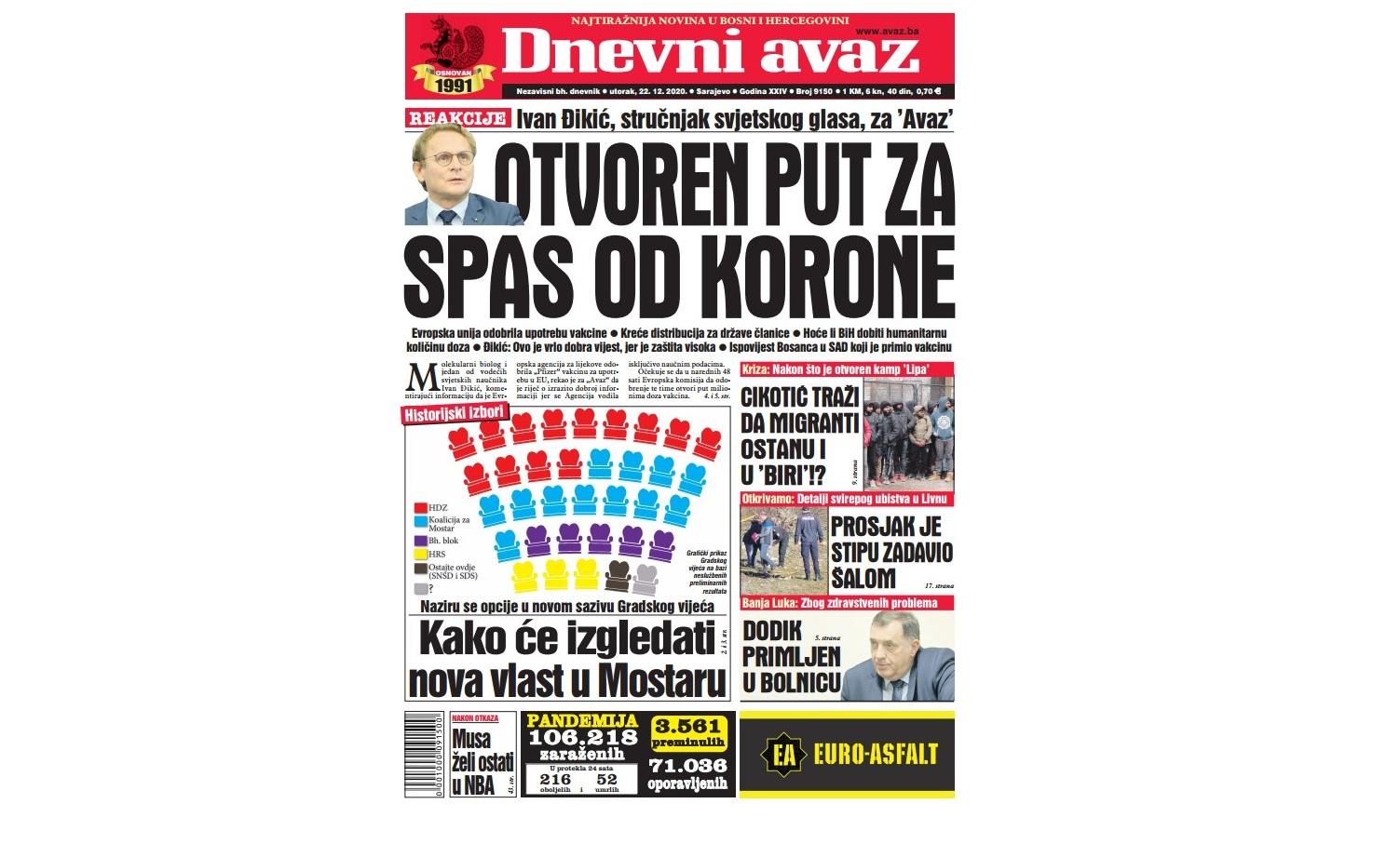 Danas u "Dnevnom avazu" čitajte: Otvoren put za spas od korone