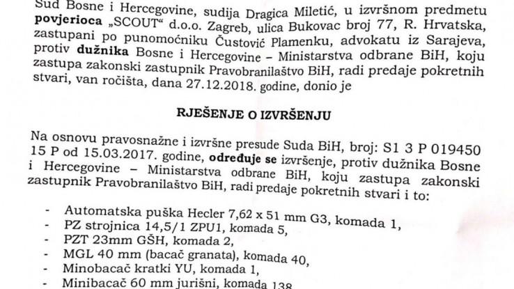 Faksimil rješenja o izvršenju koje je pokrenuto 2018.godine - Avaz