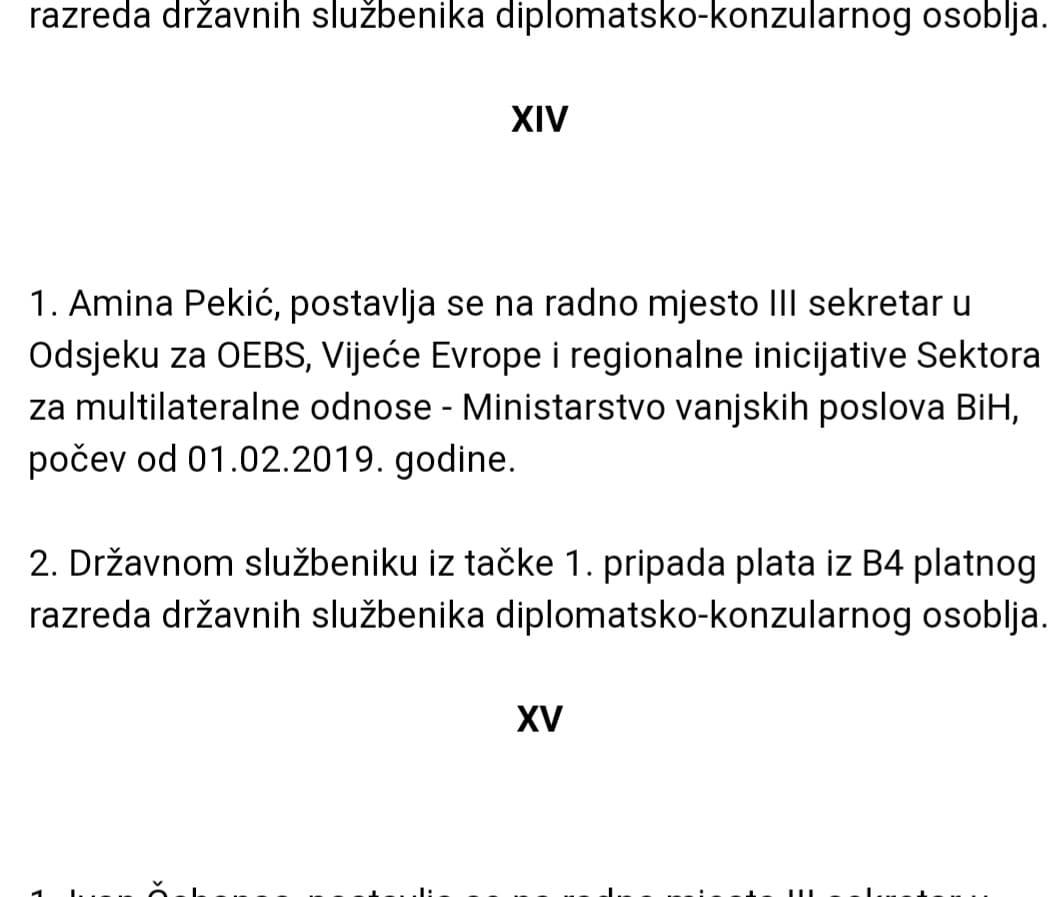 Facsimile of the decision on the appointment of Amina Pekić published in the Official Gazette of B&H - Avaz