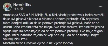 Status novinara Bise na Facebooku - Avaz