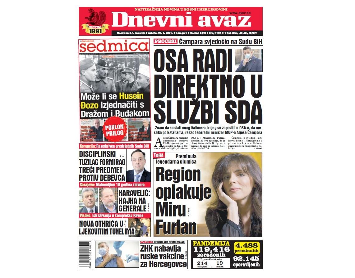 Danas u "Dnevnom avazu" čitajte: OSA radi direktno u službi SDA