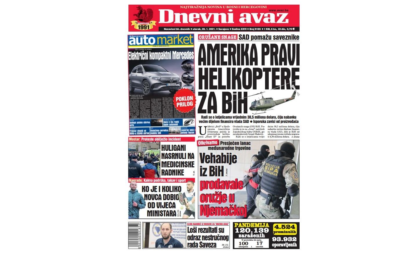 Danas u "Dnevnom avazu" čitajte: Amerika pravi helikoptere za BiH