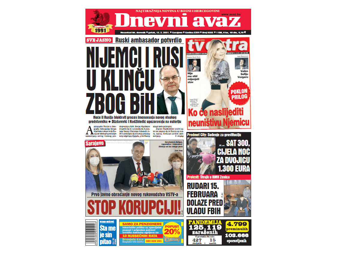 Danas u "Dnevnom avazu" čitajte: Nijemci i Rusi u klinču zbog BiH