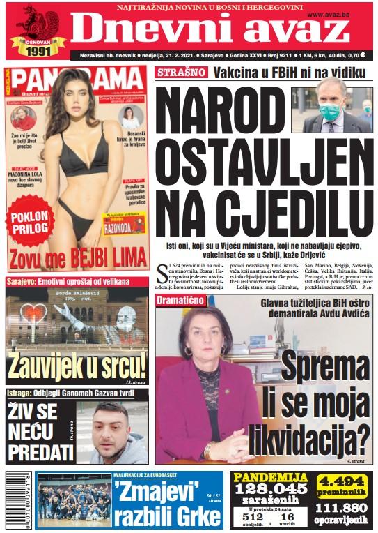 Današnja naslovnica "Dnevnog avaza" - Avaz