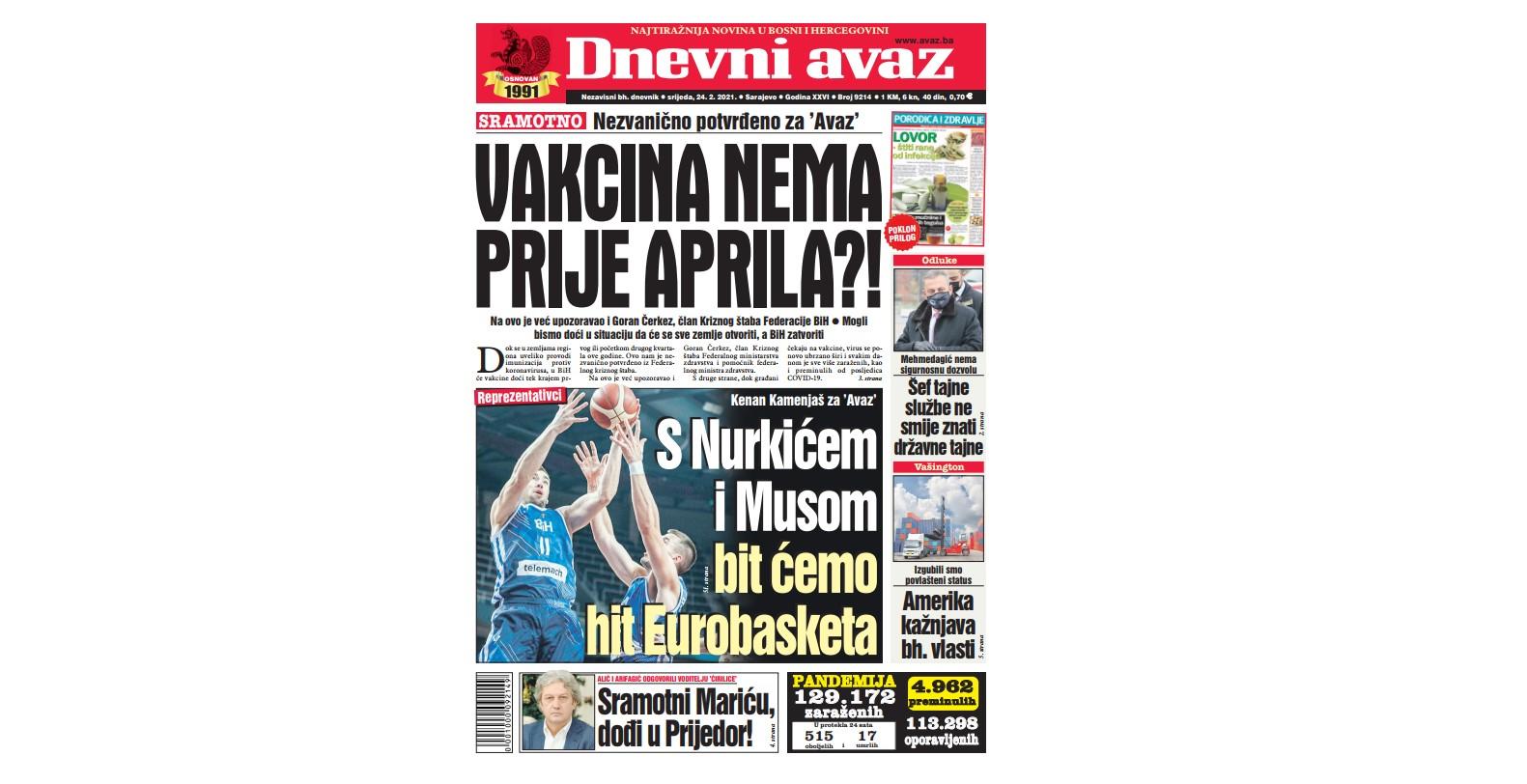 Danas u "Dnevnom avazu" čitajte: Vakcina nema prije aprila?!