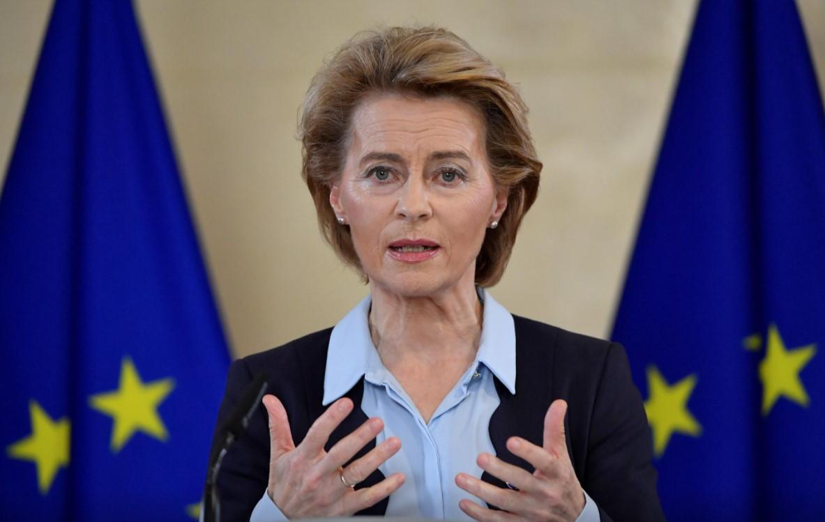 President of the European Commission Ursula von der Leyen addresses a joint news conference with German Chancellor Angela Merkel on the start of the German Presidency by video conference at the EU Headquarters in Brussels, Belgium July 2, 2020. - Avaz