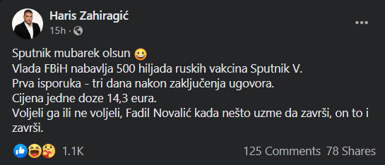 Objava Zahiragića na Facebooku - Avaz