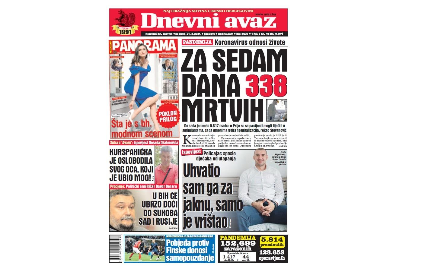 Danas u "Dnevnom avazu" čitajte: Za sedam dana 338 mrtvih