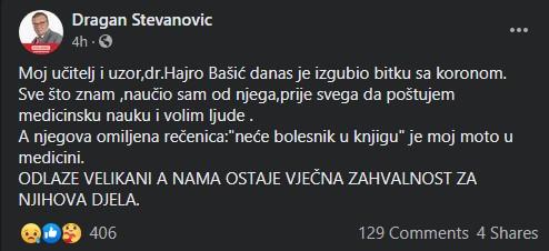 Objava dr. Stevanovića na Facebooku - Avaz