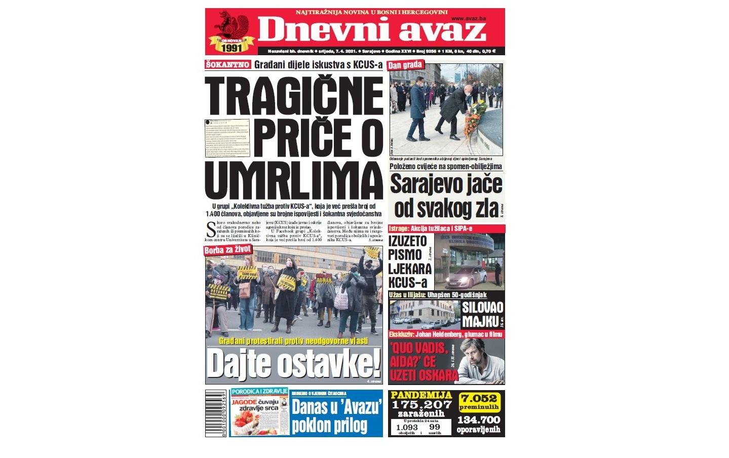 Danas u "Dnevnom avazu" čitajte: Tragične priče o umrlima