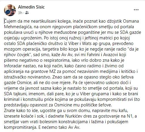 Facebook status novinara Almedina Šišića - Avaz