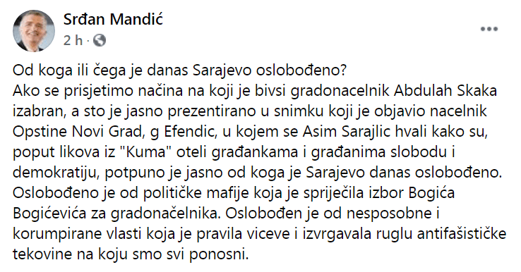 Status Mandića na Facebooku - Avaz